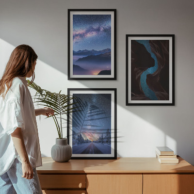 Set of 3 framed wall art pieces Night sky mountains winter landscape