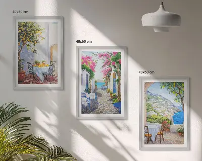 Three-piece wall art set charming streets with plants and sea view