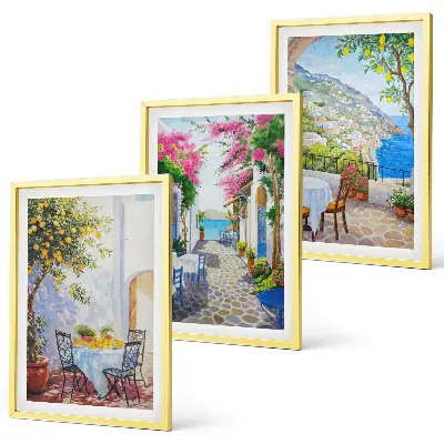 Three-piece wall art set charming streets with plants and sea view