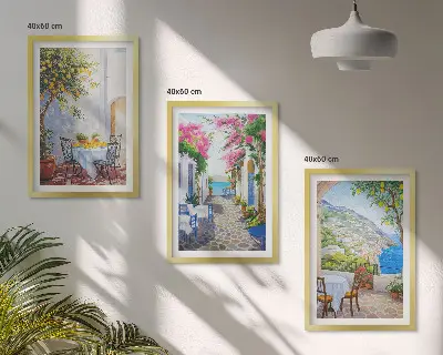 Three-piece wall art set charming streets with plants and sea view