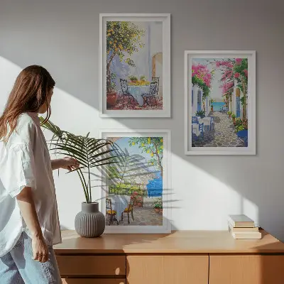 Three-piece wall art set charming streets with plants and sea view