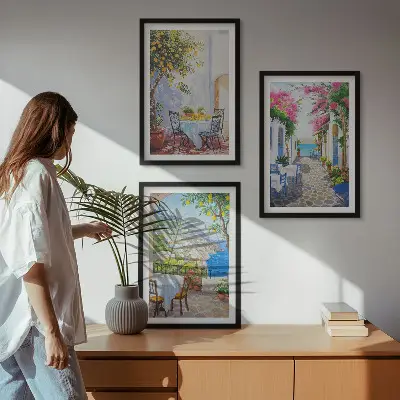 Three-piece wall art set charming streets with plants and sea view