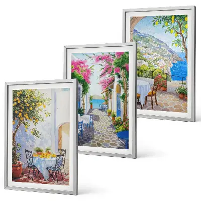 Three-piece wall art set charming streets with plants and sea view