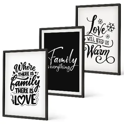 Three-piece wall art set featuring family, love, warmth, and home themes