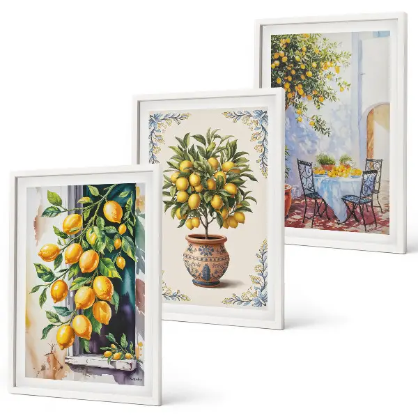 Lemon trees and fruit wall art set featuring a sunny scenery