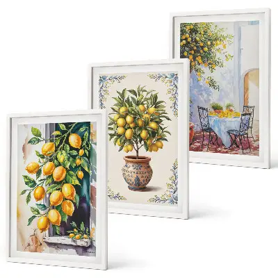 Lemon trees and fruit wall art set featuring a sunny scenery