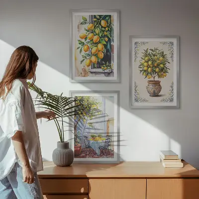 Lemon trees and fruit wall art set featuring a sunny scenery