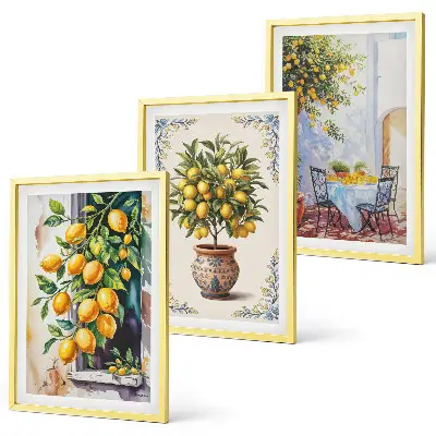 Lemon trees and fruit wall art set featuring a sunny scenery
