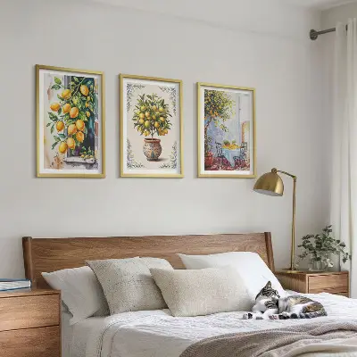 Lemon trees and fruit wall art set featuring a sunny scenery