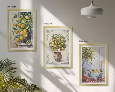 Lemon trees and fruit wall art set featuring a sunny scenery