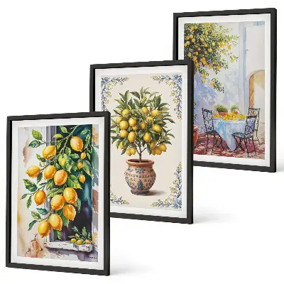 Lemon trees and fruit wall art set featuring a sunny scenery