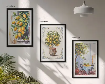 Lemon trees and fruit wall art set featuring a sunny scenery