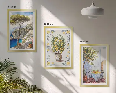 Set of 3 framed wall art pieces featuring sea lemon tree paintings