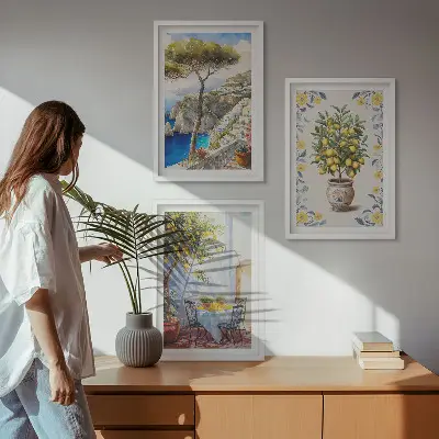 Set of 3 framed wall art pieces featuring sea lemon tree paintings