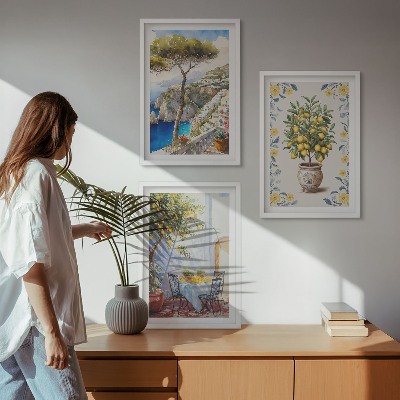 Set of 3 framed wall art pieces Sea lemon tree paintings