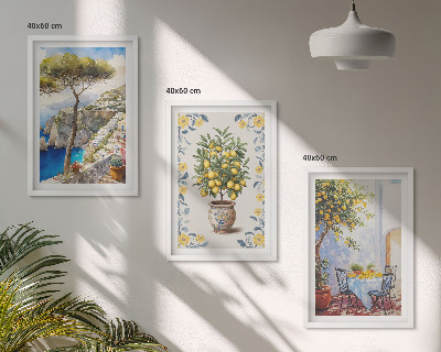 Set of 3 framed wall art pieces Sea lemon tree paintings