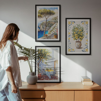 Set of 3 framed wall art pieces Sea lemon tree paintings