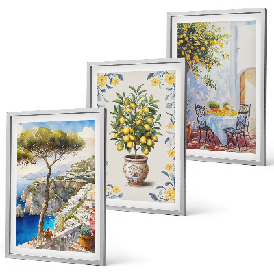 Set of 3 framed wall art pieces Sea lemon tree paintings