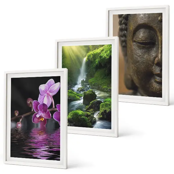 Three-piece wall art set featuring a Zen-inspired waterfall, flowers, and Buddha stone design