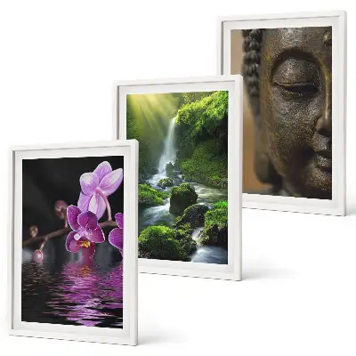 Three-piece wall art set featuring a Zen-inspired waterfall, flowers, and Buddha stone design