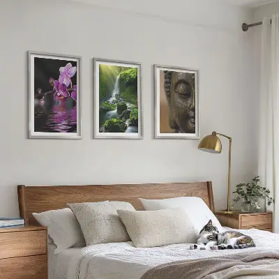 Three-piece wall art set featuring a Zen-inspired waterfall, flowers, and Buddha stone design