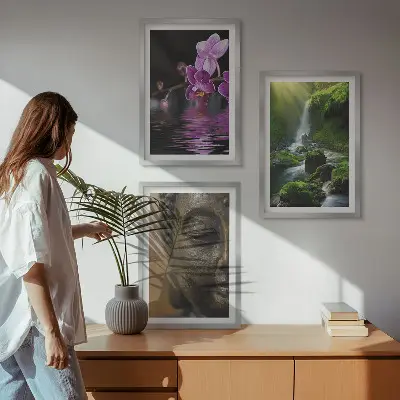 Three-piece wall art set featuring a Zen-inspired waterfall, flowers, and Buddha stone design
