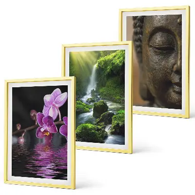 Three-piece wall art set featuring a Zen-inspired waterfall, flowers, and Buddha stone design