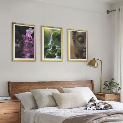 Three-piece wall art piece Flowers waterfall Buddha rock Zen