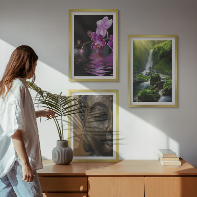 Three-piece wall art piece Flowers waterfall Buddha rock Zen