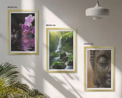 Three-piece wall art set featuring a Zen-inspired waterfall, flowers, and Buddha stone design