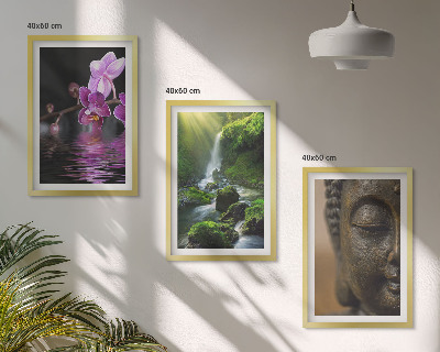 Three-piece wall art piece Flowers waterfall Buddha rock Zen