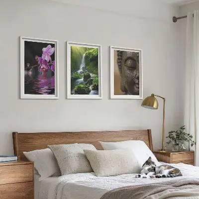 Three-piece wall art set featuring a Zen-inspired waterfall, flowers, and Buddha stone design