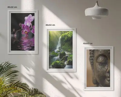 Three-piece wall art set featuring a Zen-inspired waterfall, flowers, and Buddha stone design