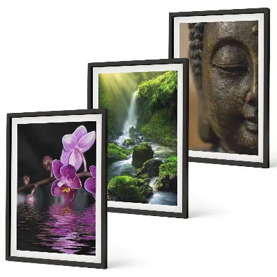 Three-piece wall art set featuring a Zen-inspired waterfall, flowers, and Buddha stone design