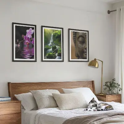 Three-piece wall art set featuring a Zen-inspired waterfall, flowers, and Buddha stone design