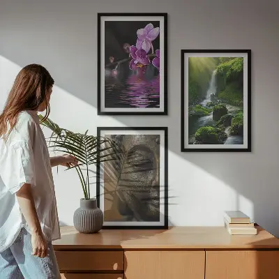 Three-piece wall art set featuring a Zen-inspired waterfall, flowers, and Buddha stone design