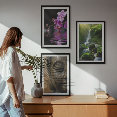 Three-piece wall art piece Flowers waterfall Buddha rock Zen