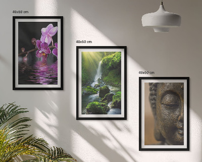 Three-piece wall art piece Flowers waterfall Buddha rock Zen
