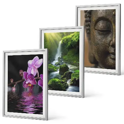 Three-piece wall art set featuring a Zen-inspired waterfall, flowers, and Buddha stone design