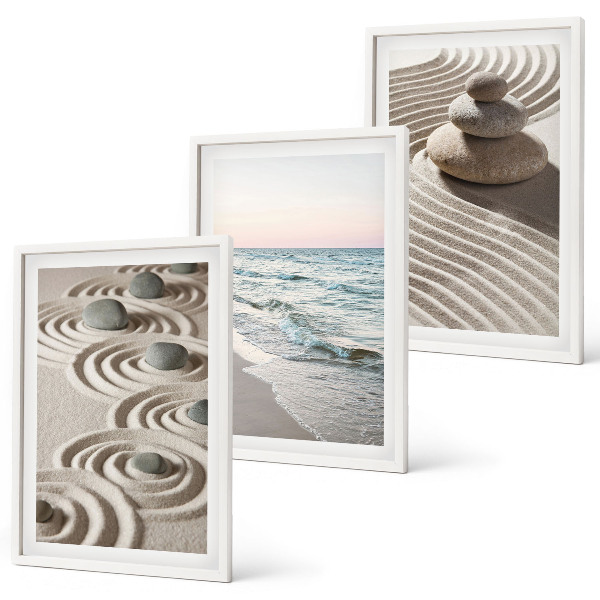 Set of 3 framed wall art pieces Waves sand water stones beach