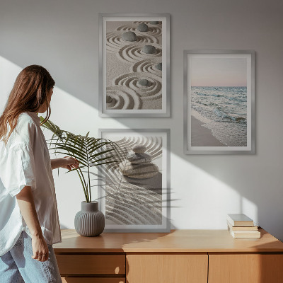 Set of 3 framed wall art pieces Waves sand water stones beach