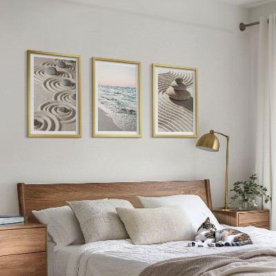 Set of 3 framed wall art pieces Waves sand water stones beach