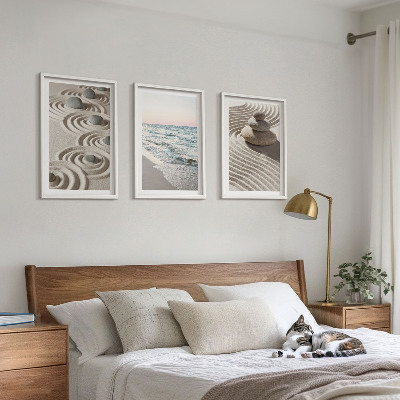 Set of 3 framed wall art pieces Waves sand water stones beach