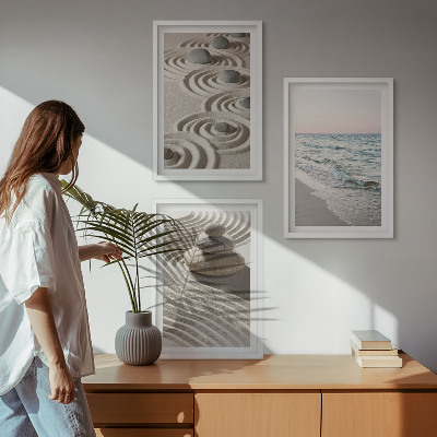 Set of 3 framed wall art pieces Waves sand water stones beach