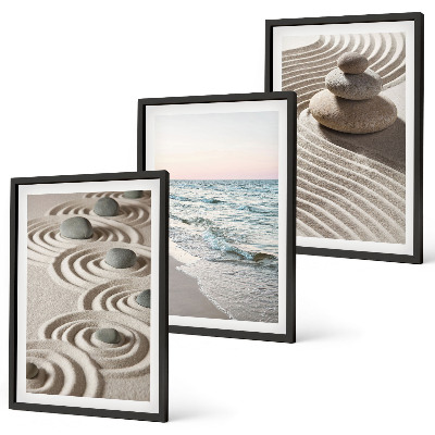 Set of 3 framed wall art pieces Waves sand water stones beach