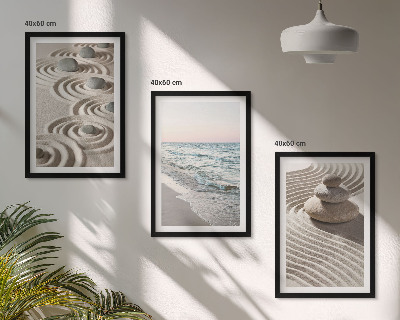 Set of 3 framed wall art pieces Waves sand water stones beach