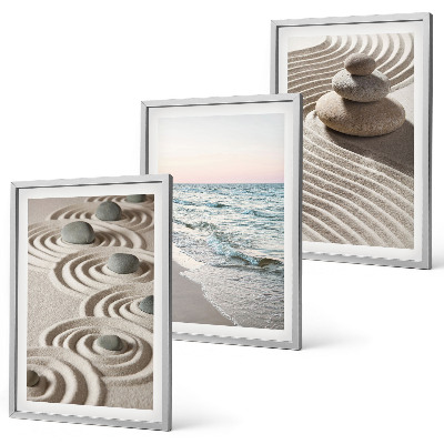 Set of 3 framed wall art pieces Waves sand water stones beach