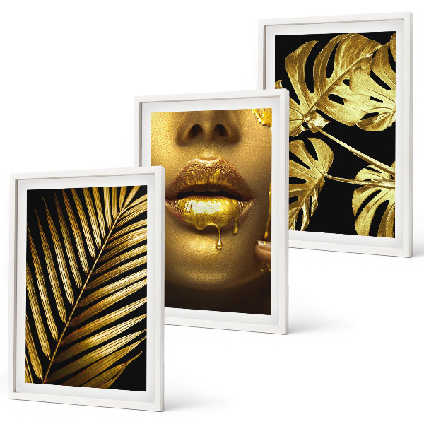 Three-piece wall art piece Monstera palm woman's mouth