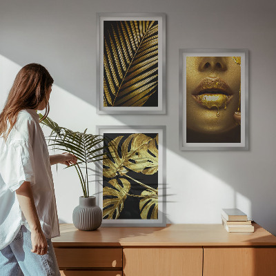 Three-piece wall art piece Monstera palm woman's mouth
