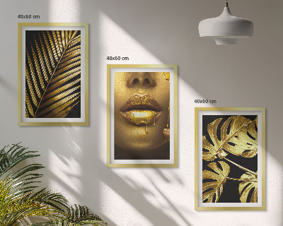 Three-piece wall art piece Monstera palm woman's mouth